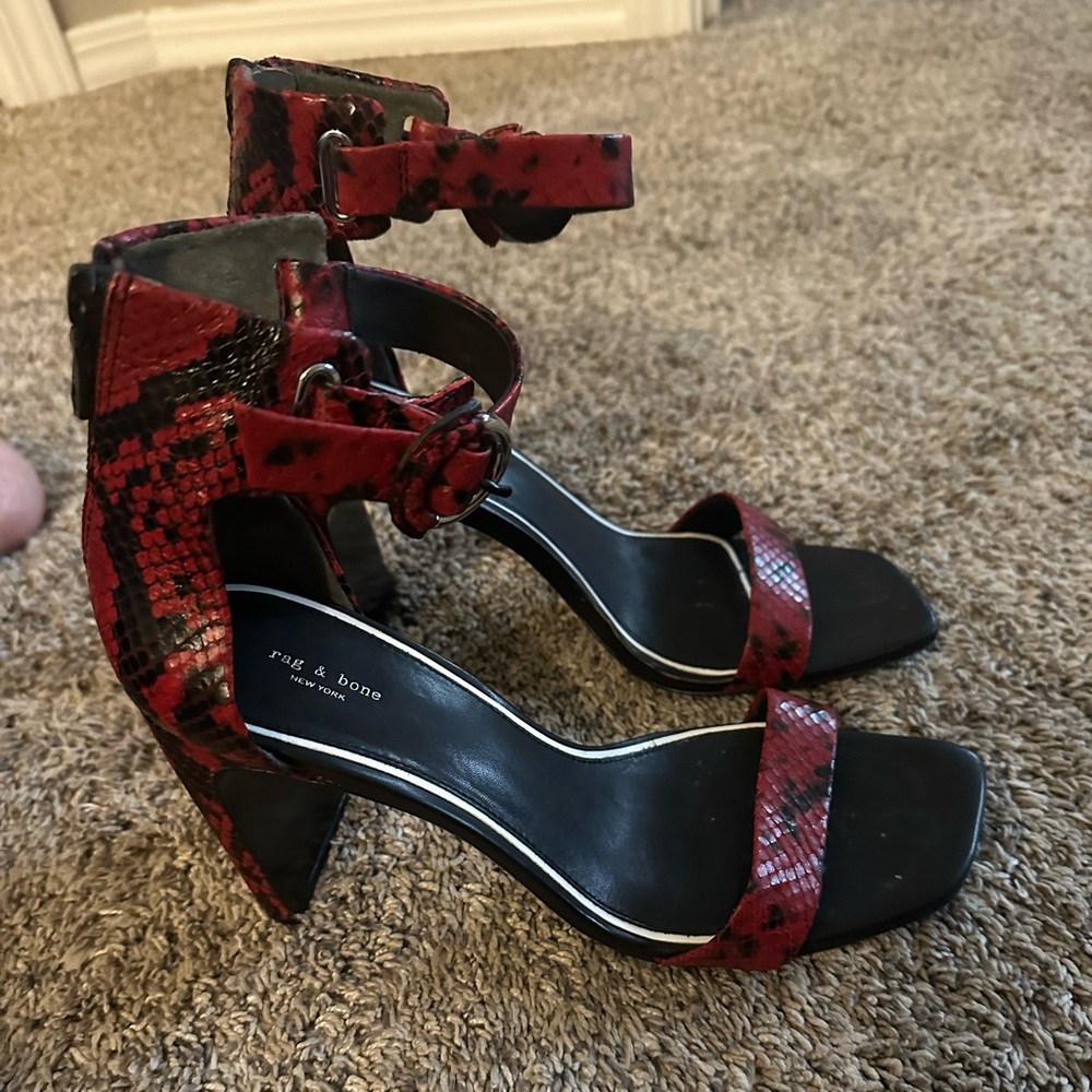Rag & Bone red and black snake skin heel
